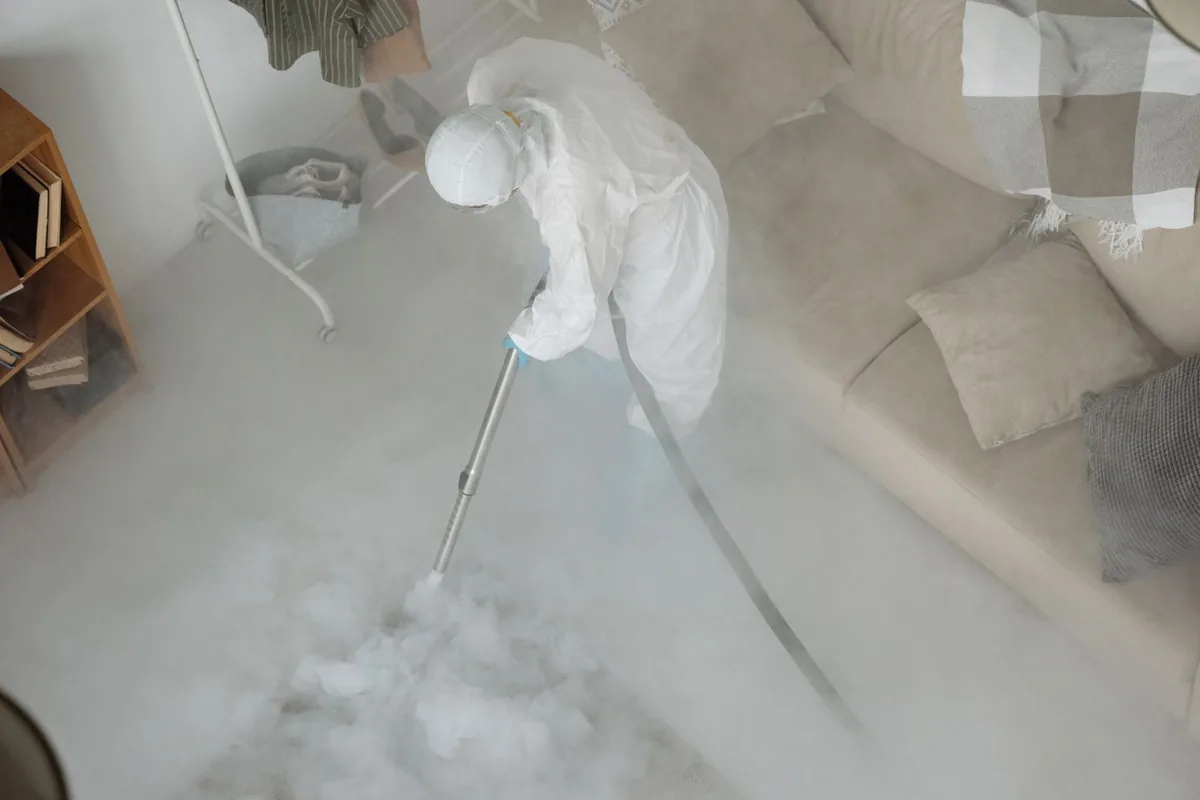 Biohazard cleanup technician in protective equipment, Eastwood, Louisville, KY